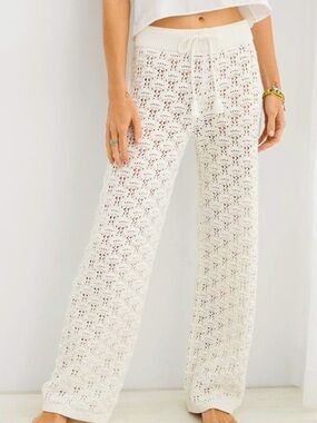aerie Cream Crochet Wide-Leg Knit Pants